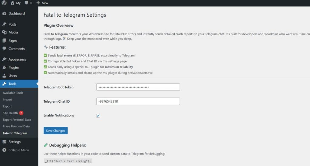 Fatal to Telegram settings page