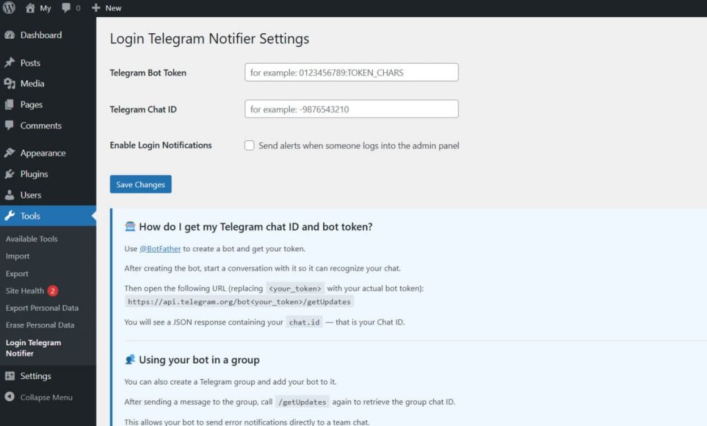 Login Telegram Notifier Settings